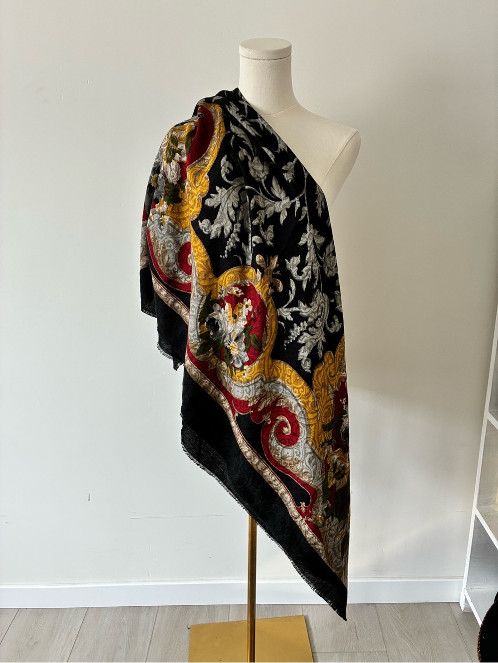 Ornate Wool and Silk Black Floral Italian Scarf Shawl with Gold & Red Accents